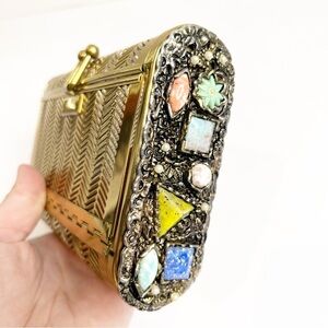 Dorset Rex | Brass Herringbone Mesh Basket Gemstone Clutch